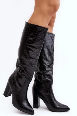 Kozaki Damskie Na Słupku Ocieplane Wężowy Wzór Czarne Delul