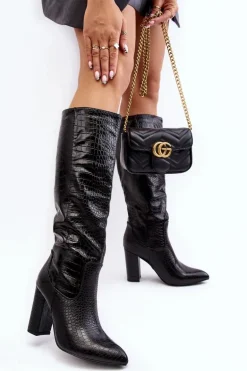 Kozaki Damskie Na Słupku Ocieplane Wężowy Wzór Czarne Delul