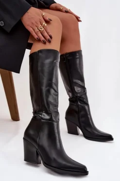 Kozaki Damskie Na Słupku Ocieplane Czarne Katelle