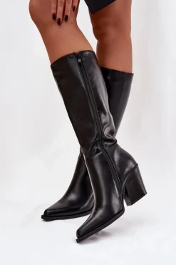 Kozaki Damskie Na Słupku Ocieplane Czarne Katelle