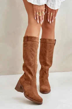 Kozaki Damskie Na Słupku Przed Kolano Camel Erisorae