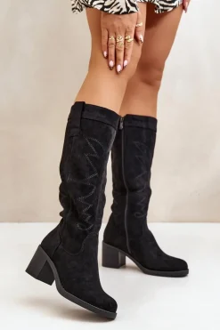 Kozaki Damskie Na Słupku Przed Kolano Czarne Erisorae