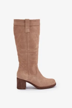 Kozaki Damskie Na Słupku Przed Kolano Beżowe Erisorae