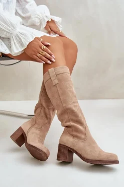 Kozaki Damskie Na Słupku Przed Kolano Beżowe Erisorae