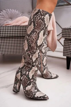 Kozaki Damskie Na Słupku Skóra Węża Beżowe Brouny