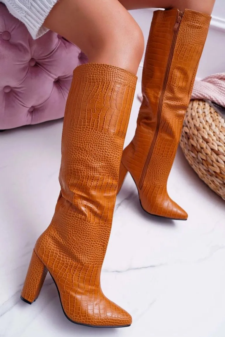 Kozaki Damskie Na Słupku Skóra Węża Camel Aduan