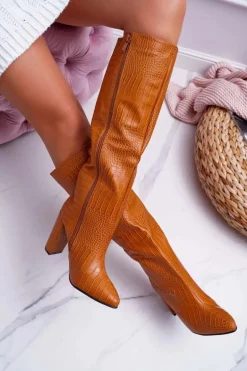 Kozaki Damskie Na Słupku Skóra Węża Camel Aduan