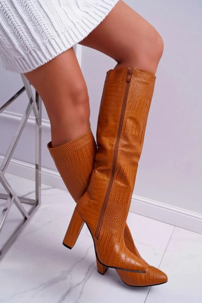 Kozaki Damskie Na Słupku Skóra Węża Camel Aduan