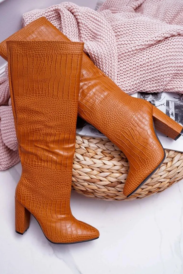 Kozaki Damskie Na Słupku Skóra Węża Camel Aduan