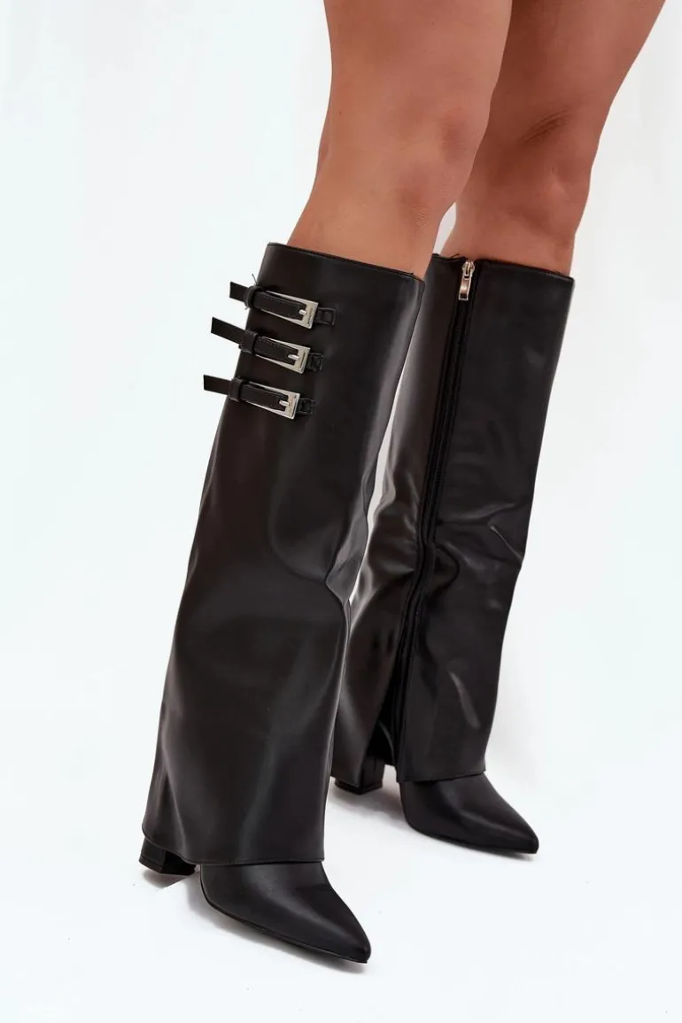 Kozaki Damskie Na Słupku Wywinięta Cholewka Paski Z Klamrami Czarne Nirisa