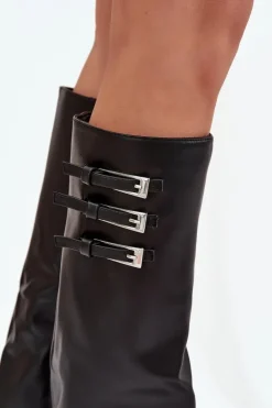 Kozaki Damskie Na Słupku Wywinięta Cholewka Paski Z Klamrami Czarne Nirisa