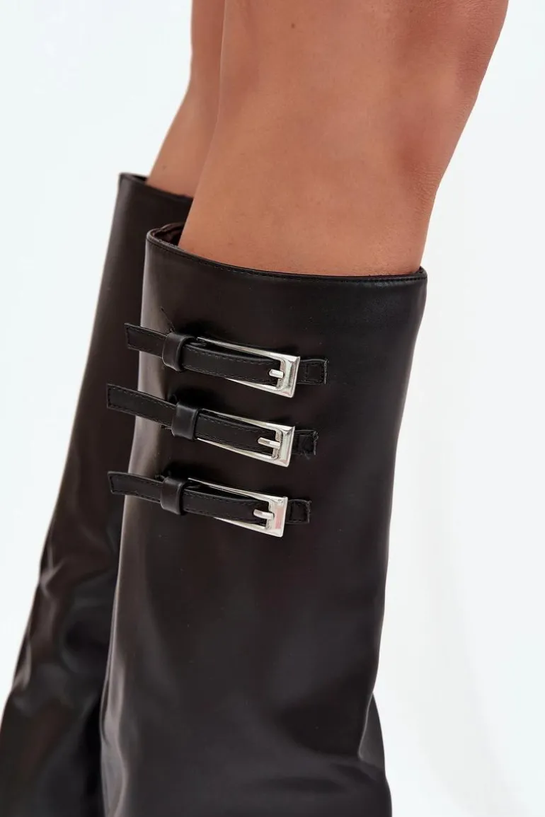 Kozaki Damskie Na Słupku Wywinięta Cholewka Paski Z Klamrami Czarne Nirisa