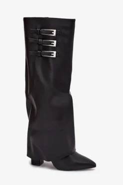 Kozaki Damskie Na Słupku Wywinięta Cholewka Paski Z Klamrami Czarne Nirisa