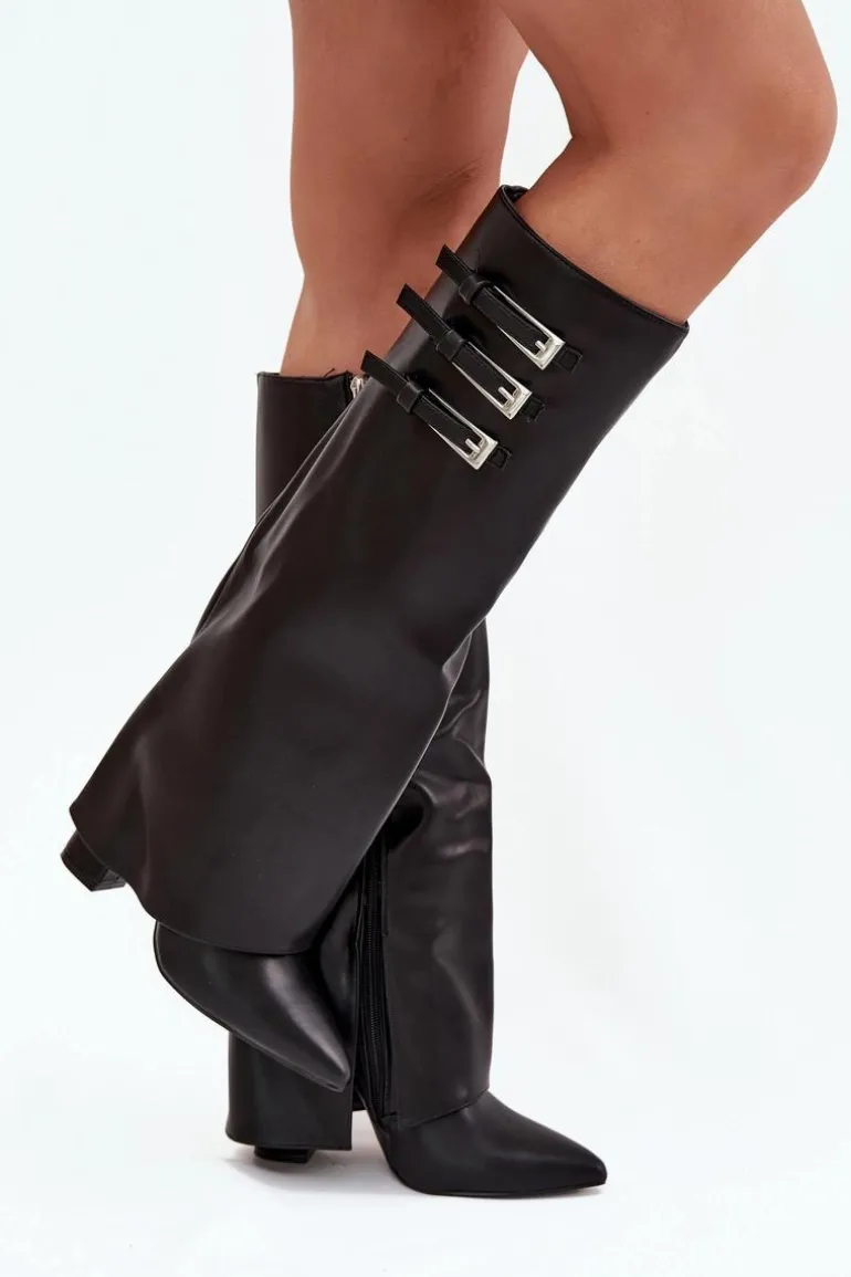 Kozaki Damskie Na Słupku Wywinięta Cholewka Paski Z Klamrami Czarne Nirisa