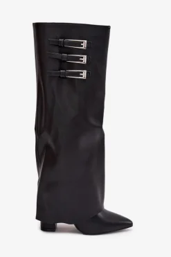 Kozaki Damskie Na Słupku Wywinięta Cholewka Paski Z Klamrami Czarne Nirisa