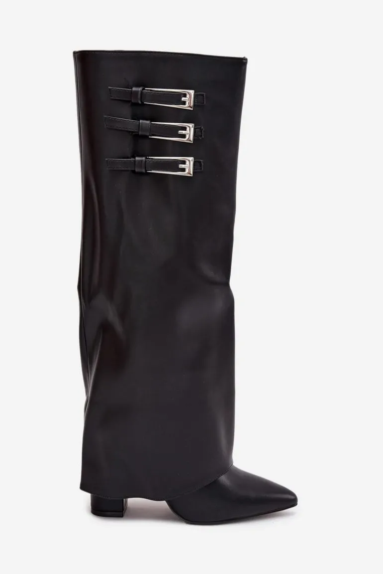 Kozaki Damskie Na Słupku Wywinięta Cholewka Paski Z Klamrami Czarne Nirisa