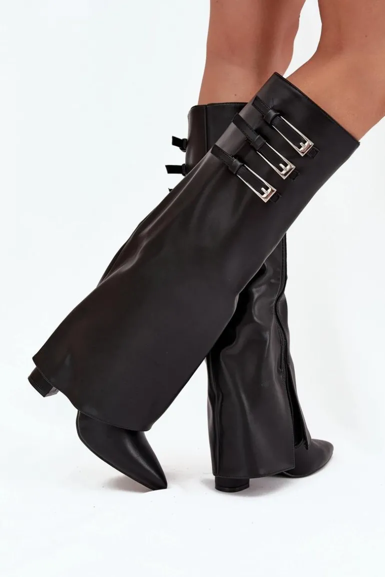 Kozaki Damskie Na Słupku Wywinięta Cholewka Paski Z Klamrami Czarne Nirisa