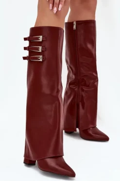 Kozaki Damskie Na Słupku Wywinięta Cholewka Paski Z Klamrami Bordowe Nirisa