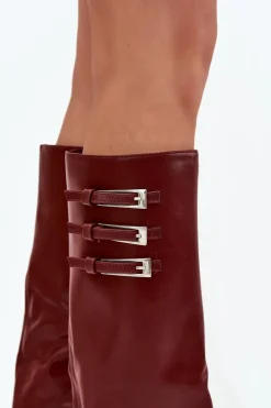 Kozaki Damskie Na Słupku Wywinięta Cholewka Paski Z Klamrami Bordowe Nirisa