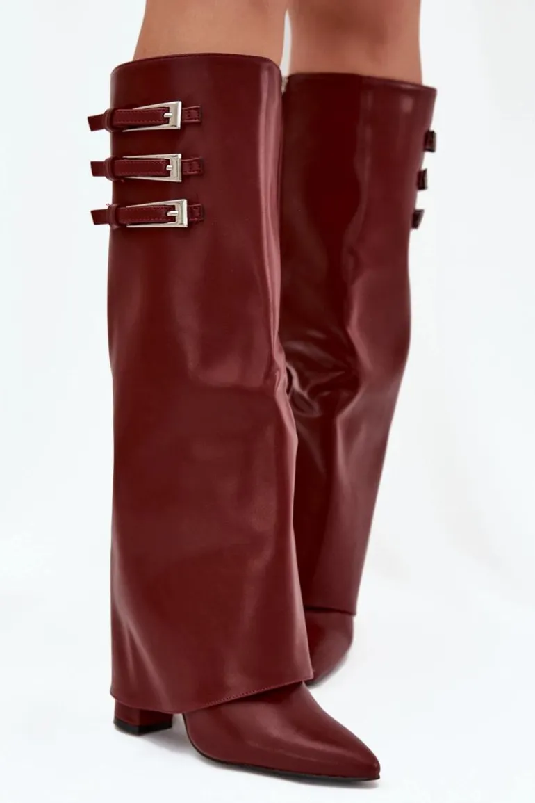 Kozaki Damskie Na Słupku Wywinięta Cholewka Paski Z Klamrami Bordowe Nirisa