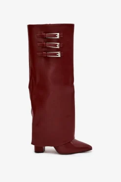 Kozaki Damskie Na Słupku Wywinięta Cholewka Paski Z Klamrami Bordowe Nirisa