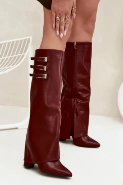 Kozaki Damskie Na Słupku Wywinięta Cholewka Paski Z Klamrami Bordowe Nirisa