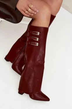 Kozaki Damskie Na Słupku Wywinięta Cholewka Paski Z Klamrami Bordowe Nirisa