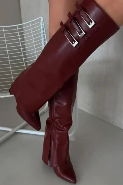 Kozaki Damskie Na Słupku Wywinięta Cholewka Paski Z Klamrami Bordowe Nirisa