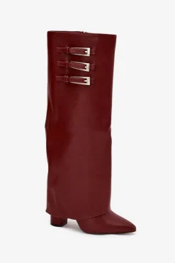 Kozaki Damskie Na Słupku Wywinięta Cholewka Paski Z Klamrami Bordowe Nirisa