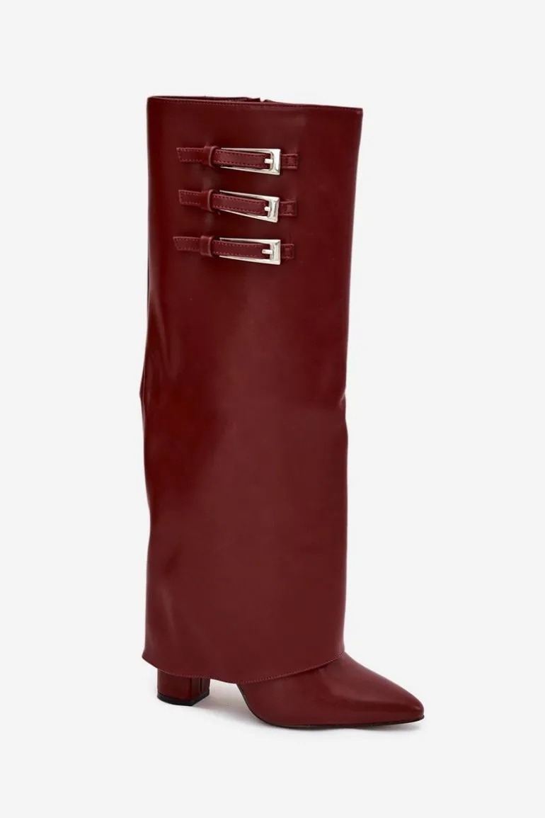 Kozaki Damskie Na Słupku Wywinięta Cholewka Paski Z Klamrami Bordowe Nirisa