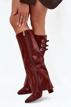 Kozaki Damskie Na Słupku Wywinięta Cholewka Paski Z Klamrami Bordowe Nirisa