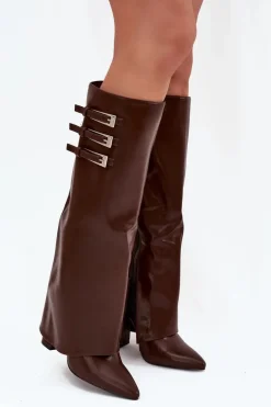 Kozaki Damskie Na Słupku Wywinięta Cholewka Paski Z Klamrami Czekoladowe Nirisa