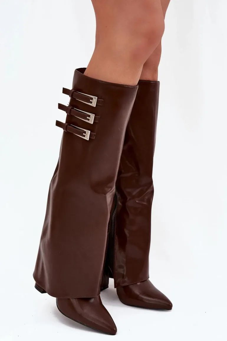 Kozaki Damskie Na Słupku Wywinięta Cholewka Paski Z Klamrami Czekoladowe Nirisa