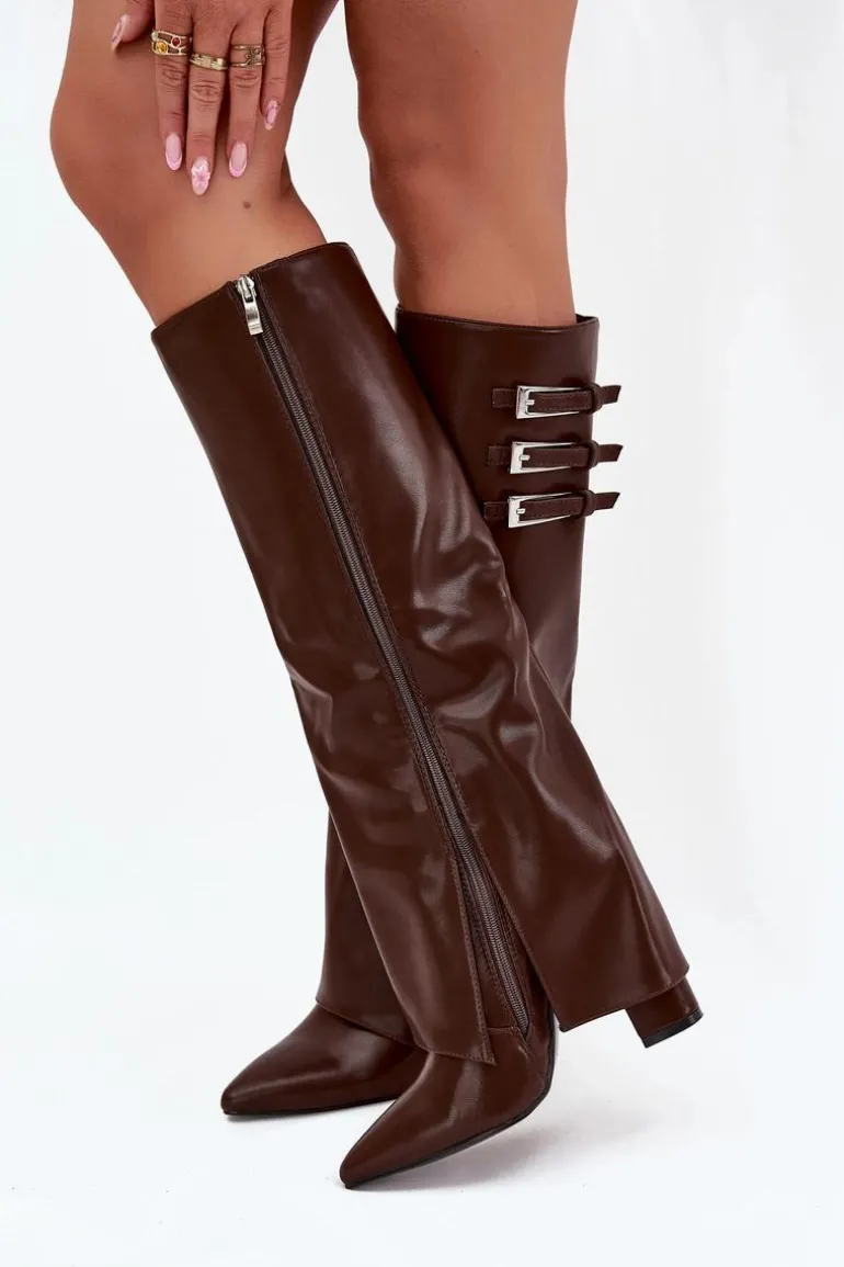 Kozaki Damskie Na Słupku Wywinięta Cholewka Paski Z Klamrami Czekoladowe Nirisa