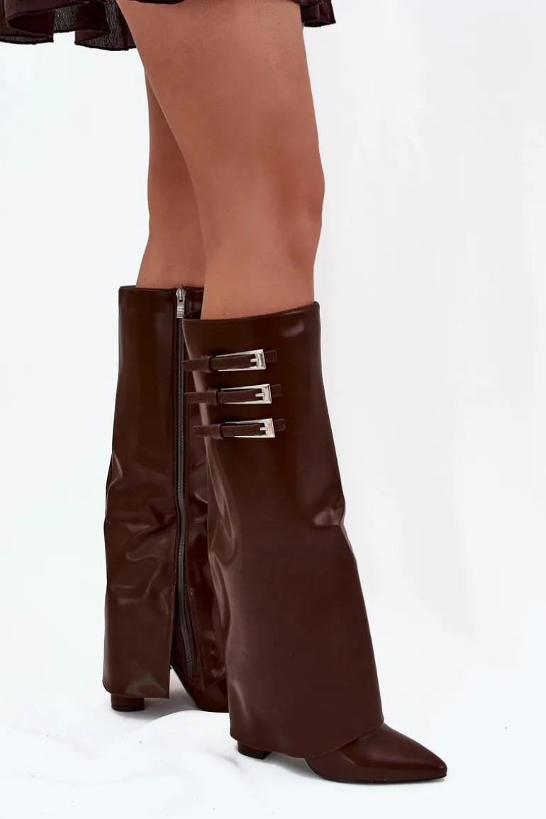 Kozaki Damskie Na Słupku Wywinięta Cholewka Paski Z Klamrami Czekoladowe Nirisa