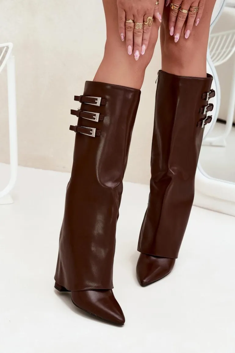 Kozaki Damskie Na Słupku Wywinięta Cholewka Paski Z Klamrami Czekoladowe Nirisa