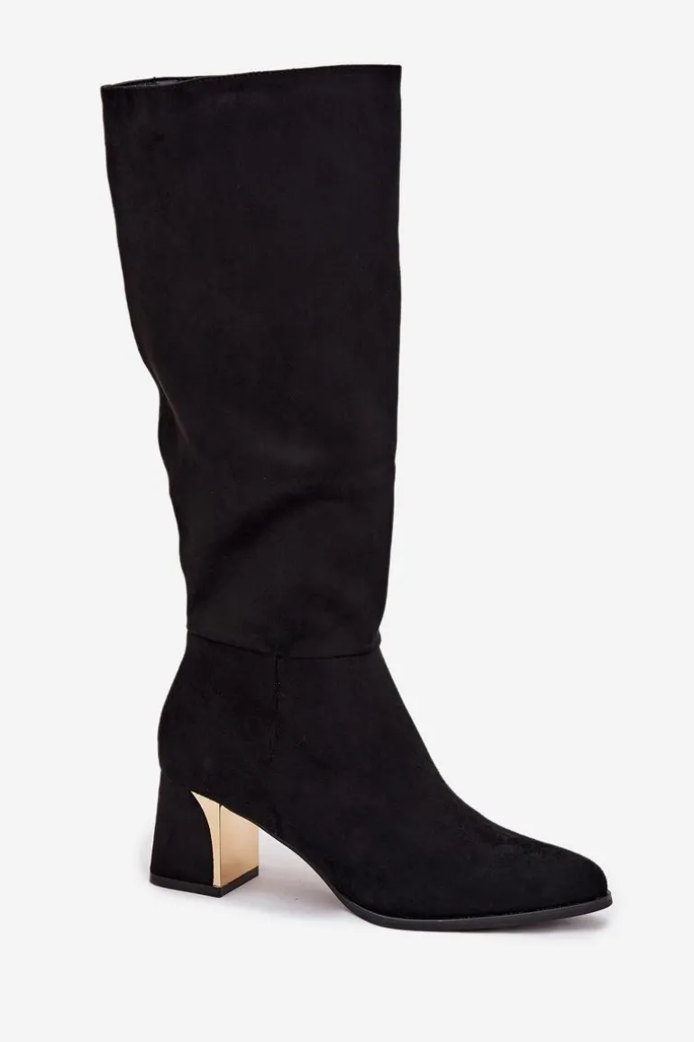 Kozaki Damskie Na Słupku Ze Złotym Elementem Czarne Nivarae