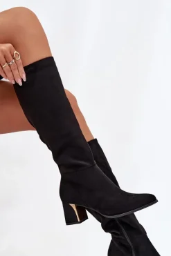 Kozaki Damskie Na Słupku Ze Złotym Elementem Czarne Nivarae