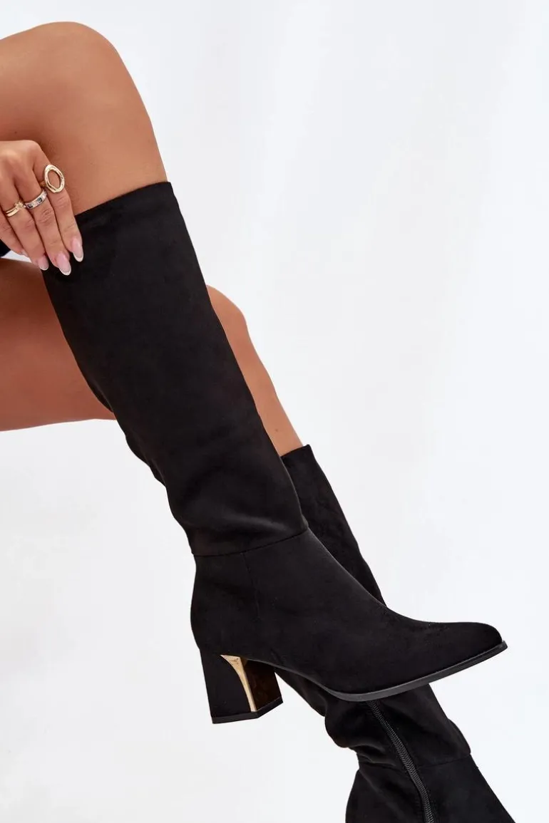 Kozaki Damskie Na Słupku Ze Złotym Elementem Czarne Nivarae