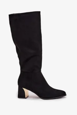 Kozaki Damskie Na Słupku Ze Złotym Elementem Czarne Nivarae