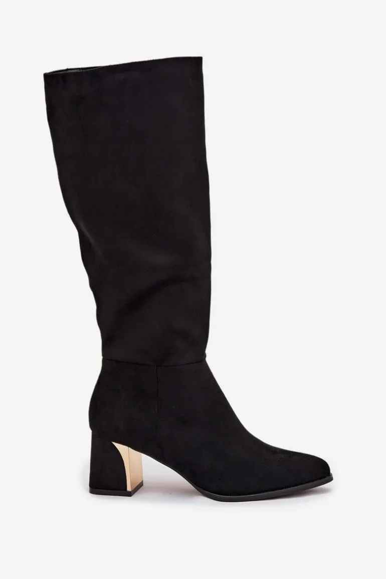 Kozaki Damskie Na Słupku Ze Złotym Elementem Czarne Nivarae