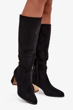 Kozaki Damskie Na Słupku Ze Złotym Elementem Czarne Nivarae