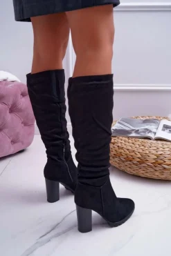 Kozaki Damskie Na Słupku Zamszowe Czarne Marion