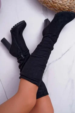 Kozaki Damskie Na Słupku Zamszowe Czarne Marion