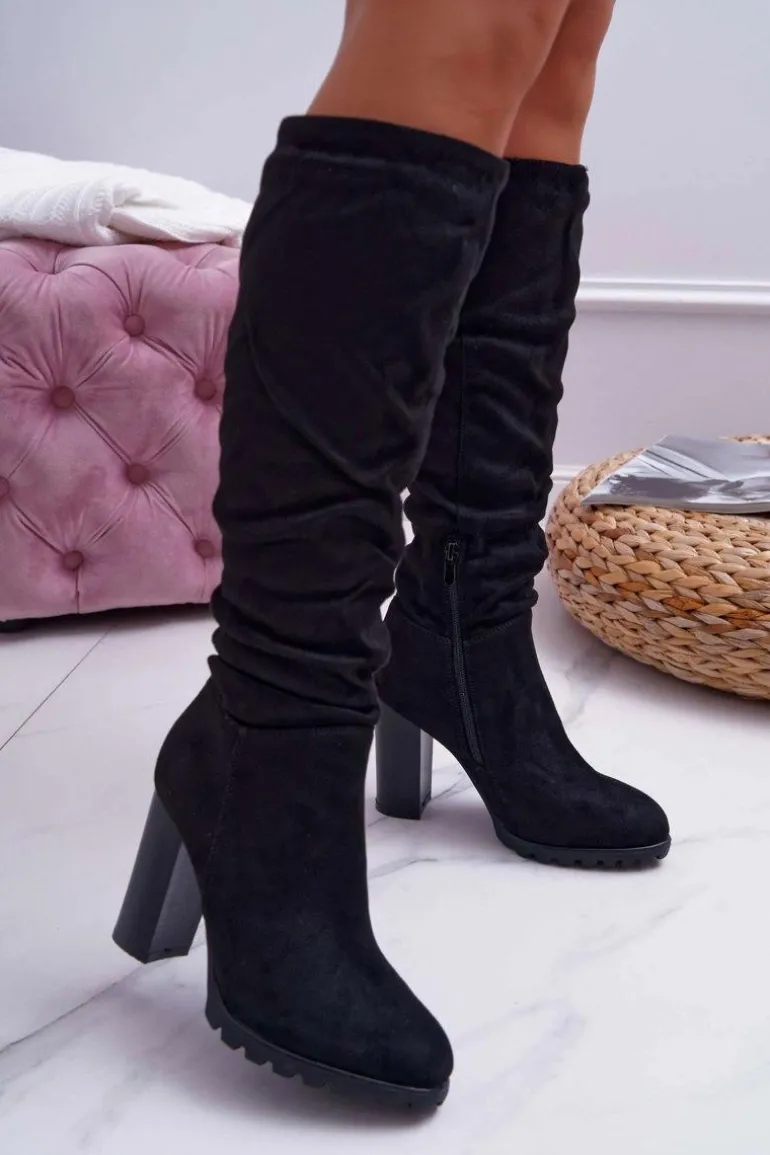 Kozaki Damskie Na Słupku Zamszowe Czarne Marion