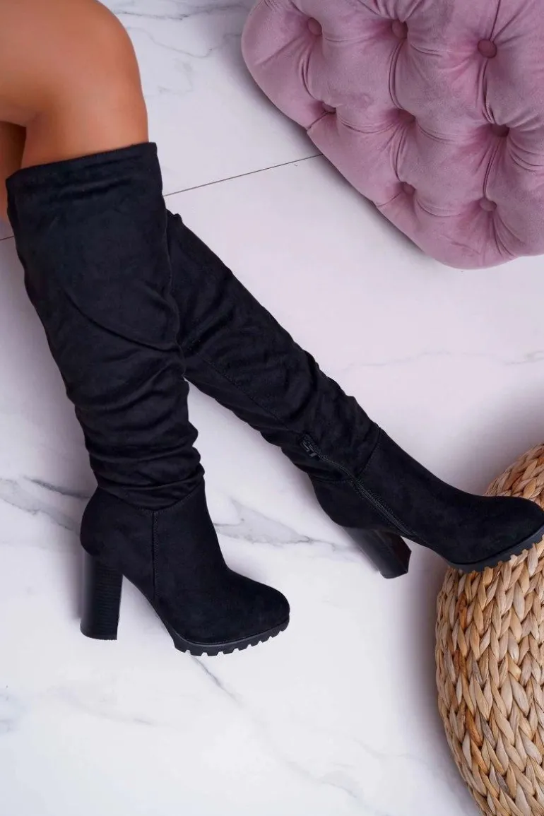 Kozaki Damskie Na Słupku Zamszowe Czarne Marion