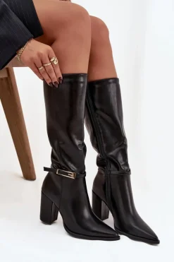 Kozaki Damskie Na Słupku Z Klamrą Ocieplane Czarne Cirella