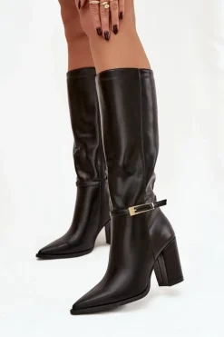 Kozaki Damskie Na Słupku Z Klamrą Ocieplane Czarne Cirella