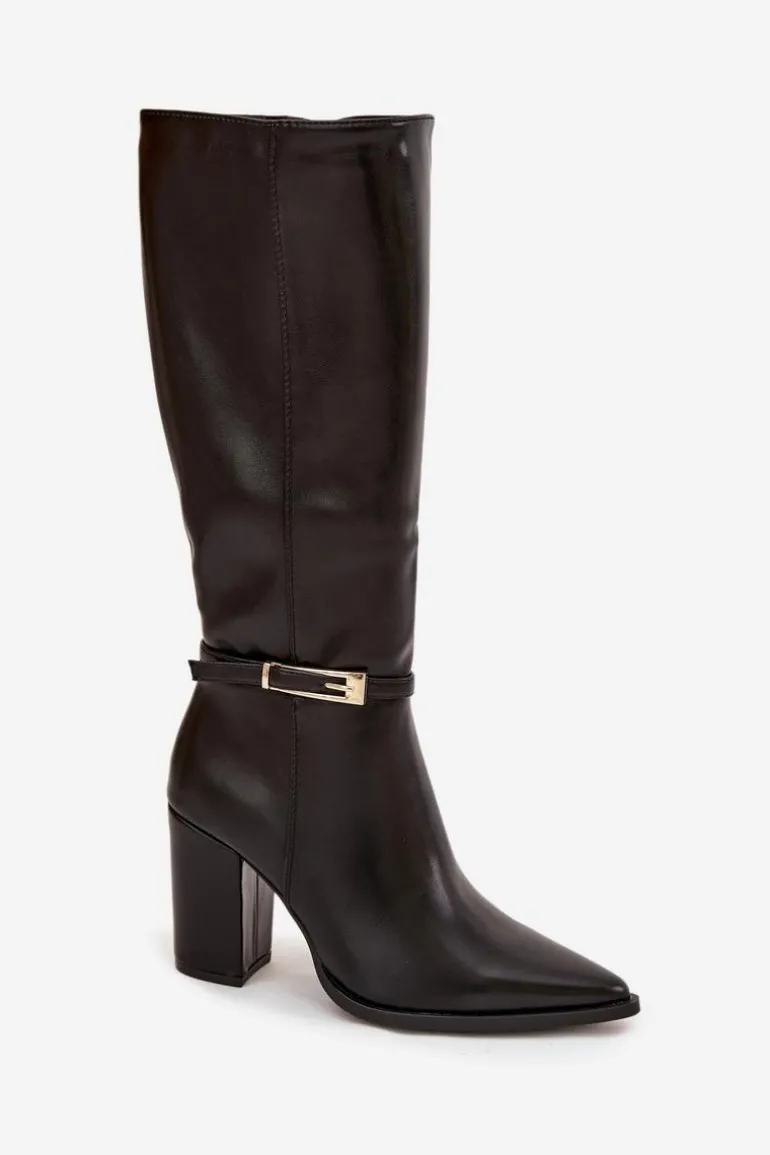 Kozaki Damskie Na Słupku Z Klamrą Ocieplane Czarne Cirella