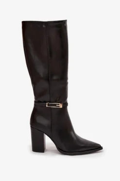 Kozaki Damskie Na Słupku Z Klamrą Ocieplane Czarne Cirella